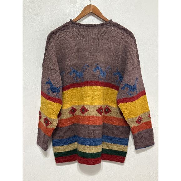 AMANO Equestrian Horse Rainbow Striped 100% Wool Sweater Heavyweight Aztec XL - Picture 6 of 13
